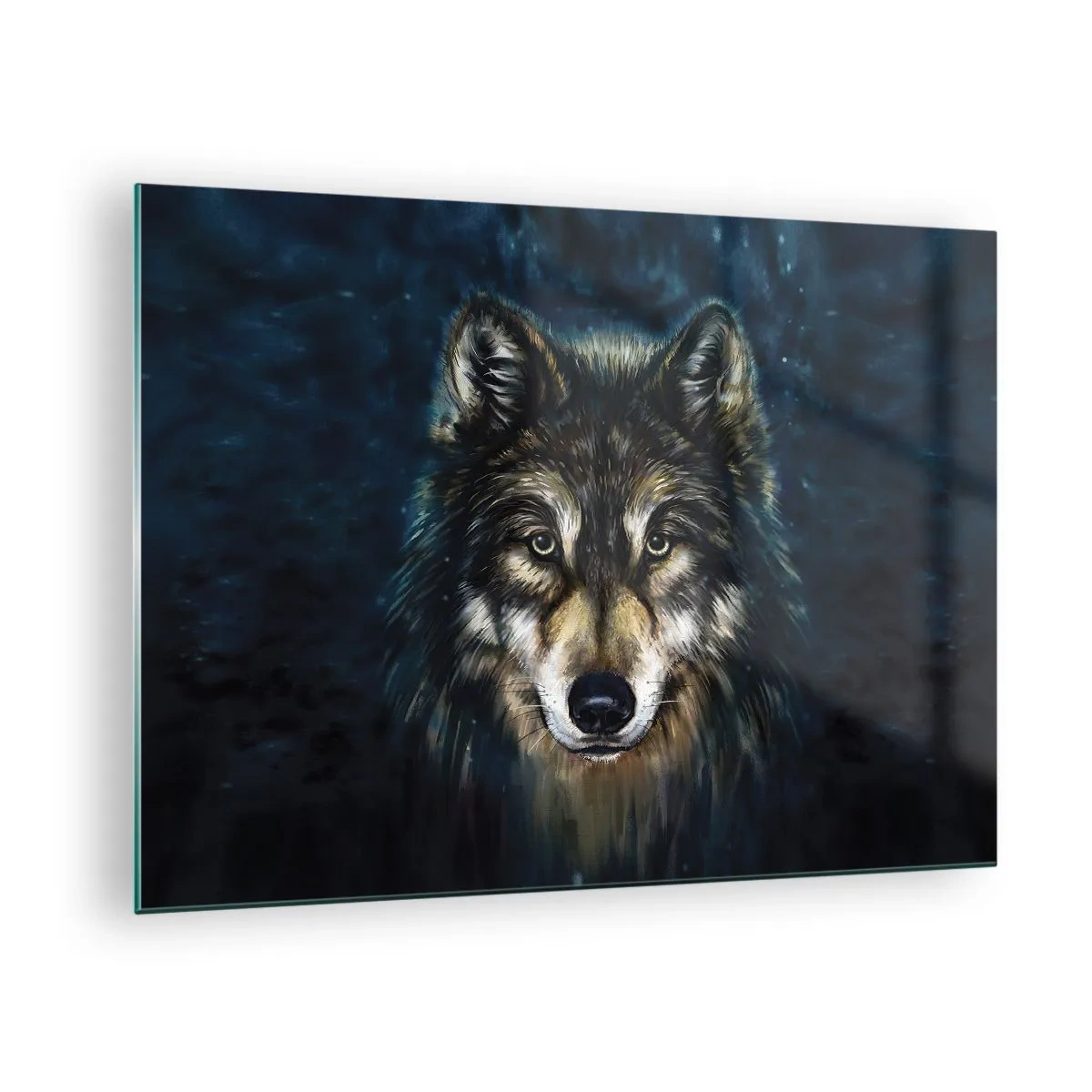 Obraz na skle - Vlk na tmavom lesnom pozadí v realistickom štýle. - 70x50cm - Alfa? A omega - Moderná nástenná dekorácia do obývacej izby a spálne ARTTOR