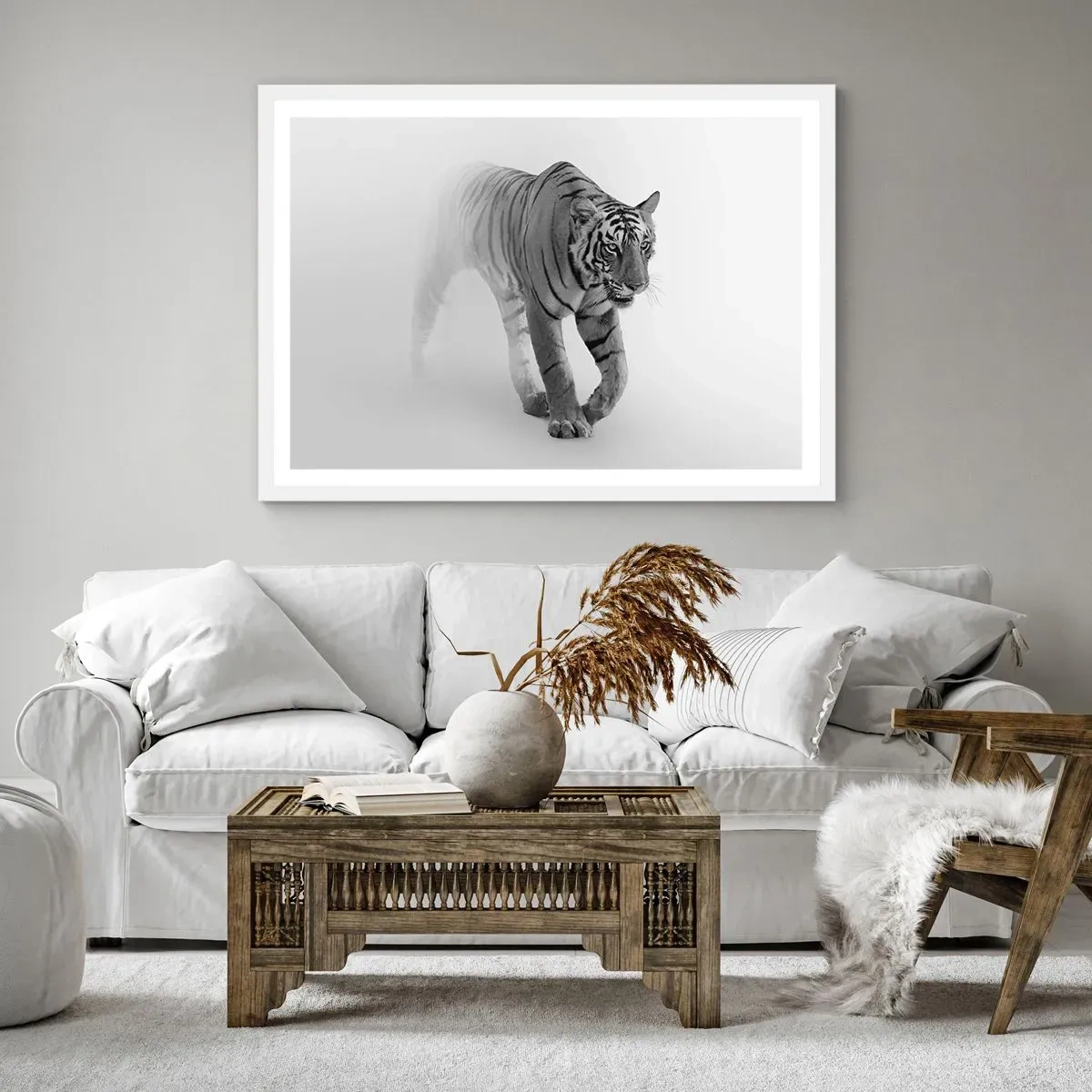 Plagát v bielom ráme - Prikrčený v hmle - 100x70 cm