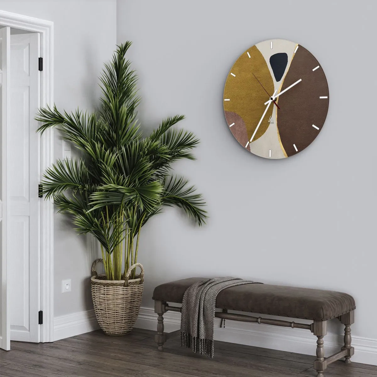 Nástenné hodiny - Abstraktné tvary v odtieňoch hnedej, béžovej a zlatej - 30x30cm - Abstrakcia – miesto v priestore - Moderná nástenná dekorácia do obývacej izby, kuchyne a spálne ARTTOR