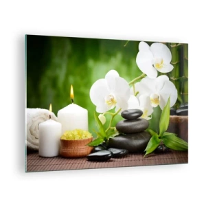 Obraz na skle - Kúpele s orchideami, kameňmi a sviečkami na zelenom pozadí - 70x50cm - Voňavý, kvetinový, jemný dotyk - Moderná nástenná dekorácia do obývacej izby a spálne ARTTOR