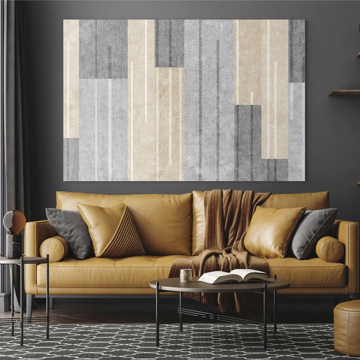 Obraz na skle - Geometrické pruhy v odtieňoch sivej a béžovej - 70x50cm - Kompozícia: drž sa - Moderná nástenná dekorácia do obývacej izby a spálne ARTTOR
