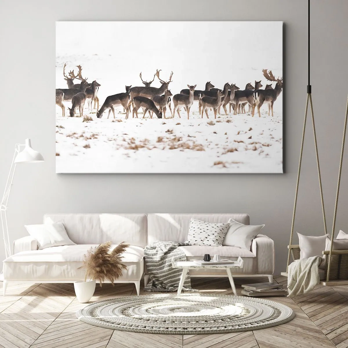 Obraz na plátne - Stádo jeleňov na zasneženom pozadí - 70x50cm - Budú sviatky? - Moderná nástenná dekorácia do obývacej izby a spálne ARTTOR
