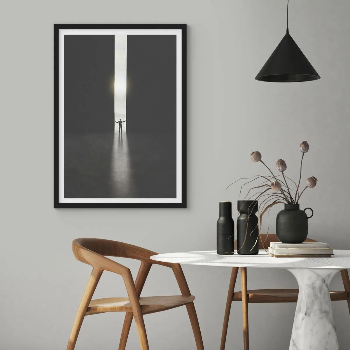 Plagát v čiernom ráme - Muž stojaci vo svetle trhliny v tmavom prostredí - 50x70cm - Krok k svetlej budúcnosti - Moderná nástenná dekorácia do obývacej izby a spálne ARTTOR