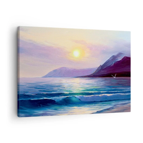 Obraz na plátne - Malebná prímorská krajina pri západe slnka s vlnami a horami - 70x50cm - Krištáľ vody a vzduchu - Moderná nástenná dekorácia do obývacej izby a spálne ARTTOR