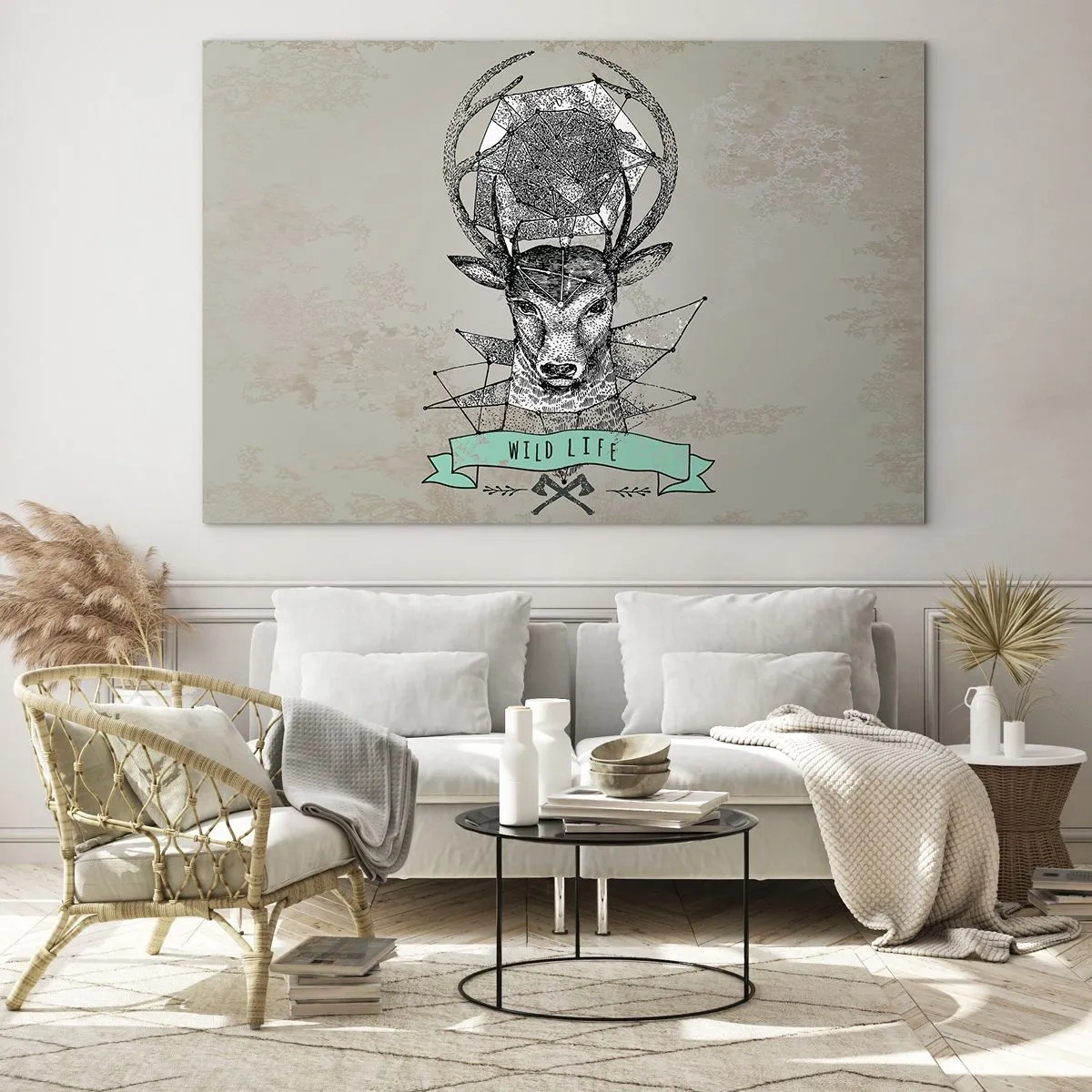 Obraz na skle - Geometrická kresba jeleňa s nápisom Wild Life - 70x50cm - Videnie sv. Huberta - Moderná nástenná dekorácia do obývacej izby a spálne ARTTOR