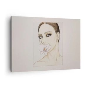 Obraz na plátne - Portrét ženy s orchideou v jemných farbách - 70x50cm - Symbol elegancie a krásy - Moderná nástenná dekorácia do obývacej izby a spálne ARTTOR