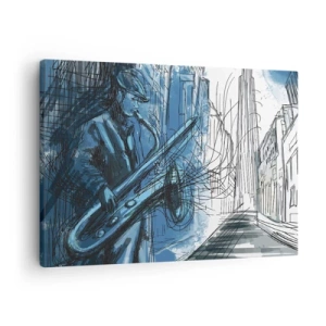 Obraz na plátne - Postava hrajúca na saxofón na pozadí mesta - 70x50cm - Mestská rapsódia - Moderná nástenná dekorácia do obývacej izby a spálne ARTTOR