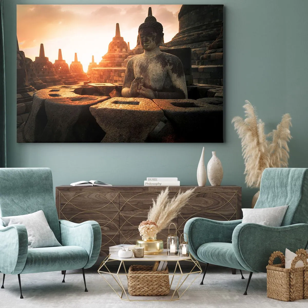 Obraz na plátne - Socha Budhu v chráme Borobudur pri západe slnka - 70x50cm - Počasie veľkej múdrosti - Moderná nástenná dekorácia do obývacej izby a spálne ARTTOR