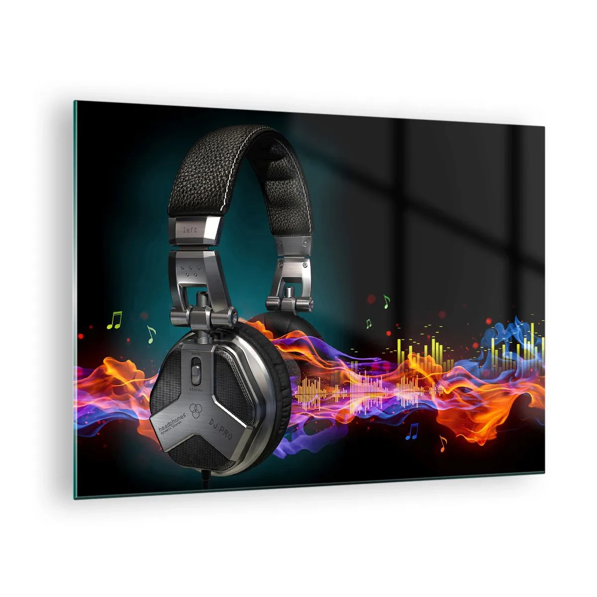 Obraz na skle - DJ slúchadlá s farebnými zvukovými vlnami a hudobnými notami - 70x50cm - V ohni hudby - Moderná nástenná dekorácia do obývacej izby a spálne ARTTOR