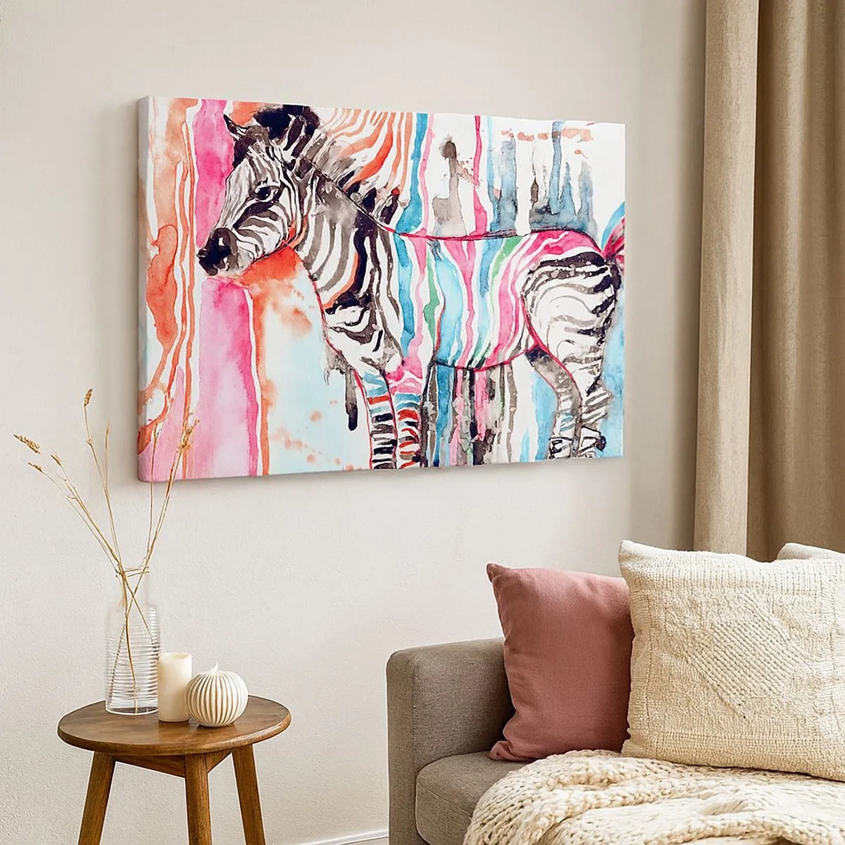 Obraz na plátne - Farebná zebra na pozadí abstraktných akvarelových vzorov - 70x50cm - Bezstarostný vtip prírody - Moderná nástenná dekorácia do obývacej izby a spálne ARTTOR