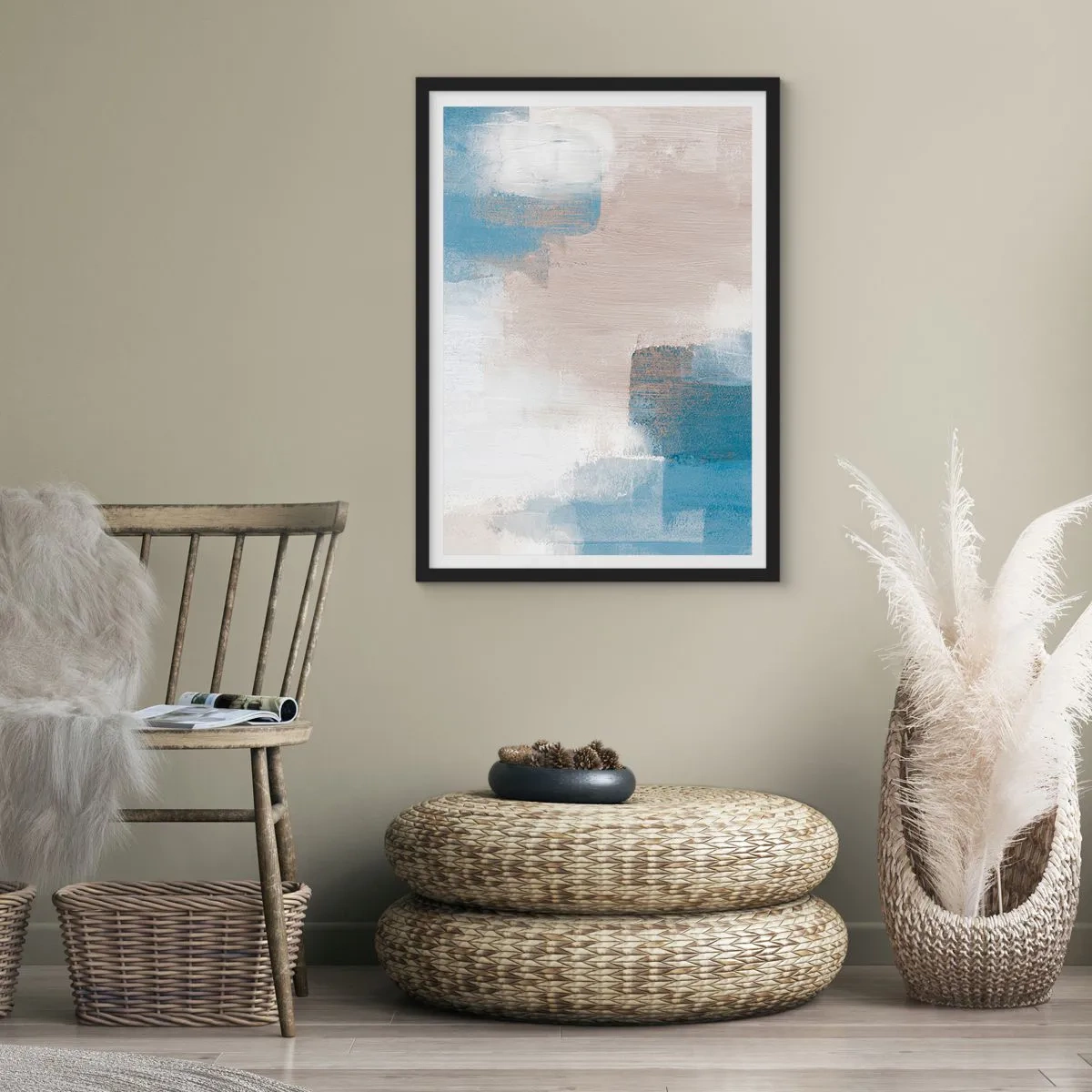 Plagát v čiernom ráme - Abstraktná kompozícia v odtieňoch modrej a béžovej - 50x70cm - Ružová abstrakcia za modrým závojom - Moderná nástenná dekorácia do obývacej izby a spálne ARTTOR