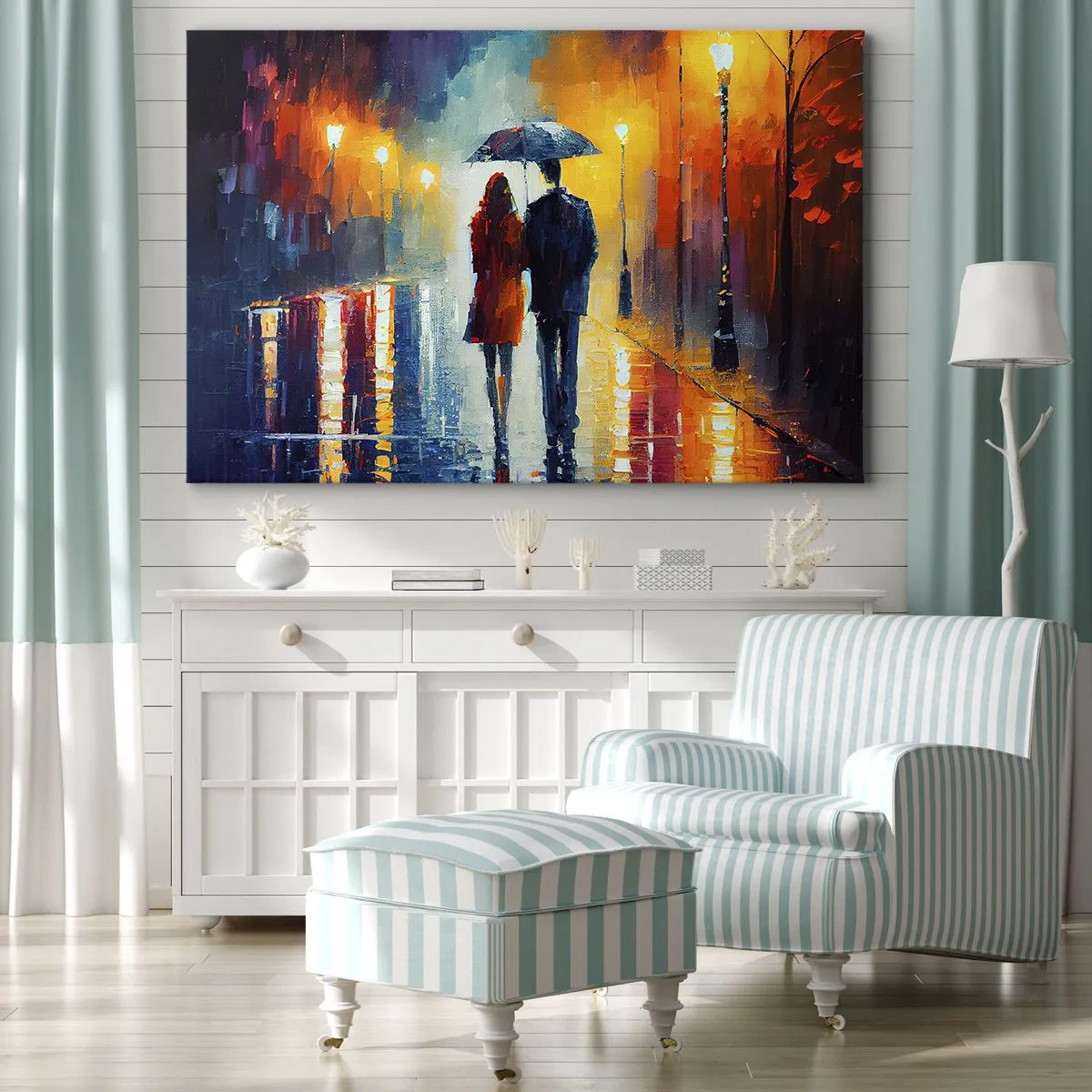 Obraz na plátne - Pár pod dáždnikom prechádzajúci sa farebným nočným mestom - 70x50cm - Spolu – farebná noc - Moderná nástenná dekorácia do obývacej izby a spálne ARTTOR