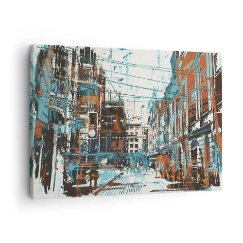 Obraz na plátne - Panoráma mesta v odtieňoch modrej a oranžovej - 70x50cm - Zdolaný mestský chodník - Moderná nástenná dekorácia do obývacej izby a spálne ARTTOR