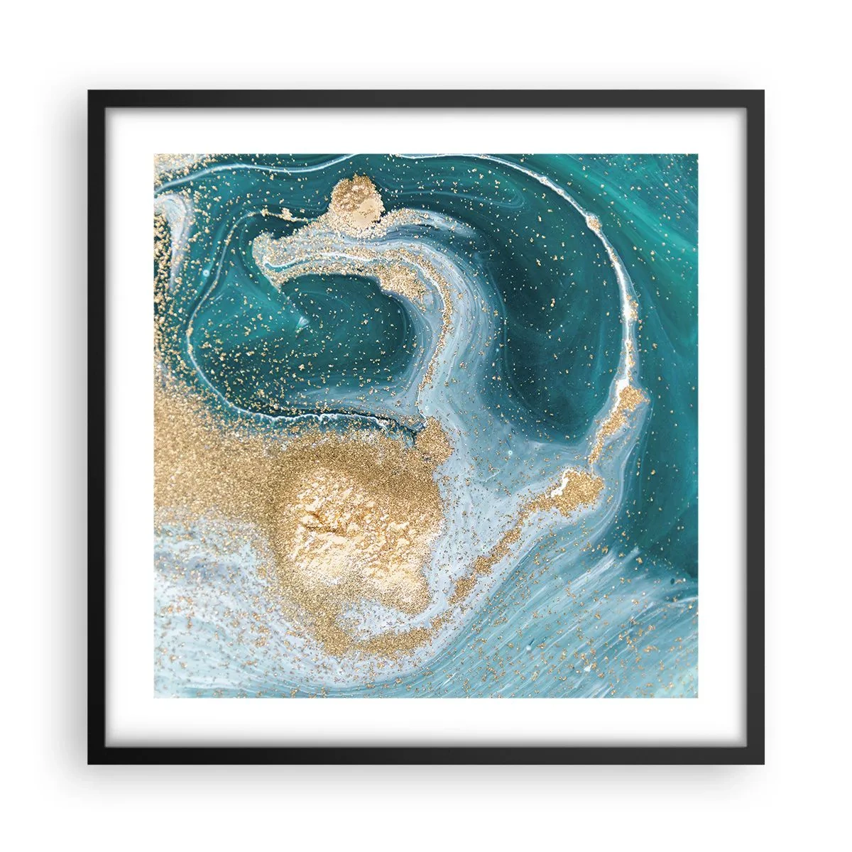 Plagát v čiernom ráme - Vír zlatej a tyrkysovej - 50x50 cm