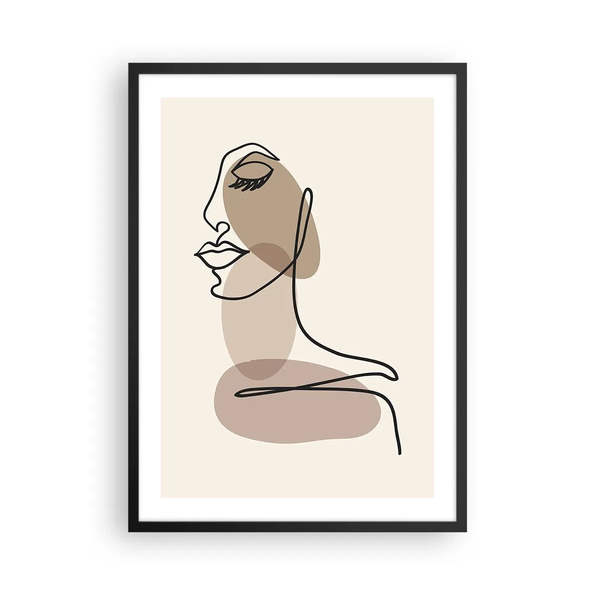Plagát v čiernom ráme - Minimalistický portrét ženy v abstraktných hnedých tónoch - 50x70cm - Určitá línia krásy - Moderná nástenná dekorácia do obývacej izby a spálne ARTTOR