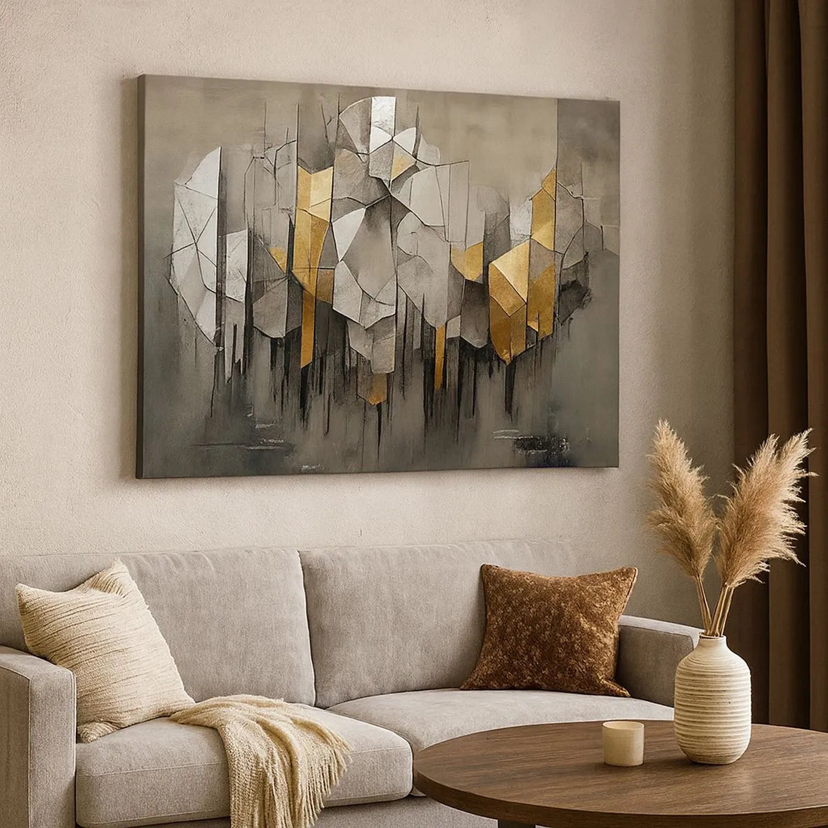 Obraz na plátne - Geometrická abstrakcia v odtieňoch zlatej a sivej - 70x50cm - Kompozícia z ľadu a svetla - Moderná nástenná dekorácia do obývacej izby a spálne ARTTOR