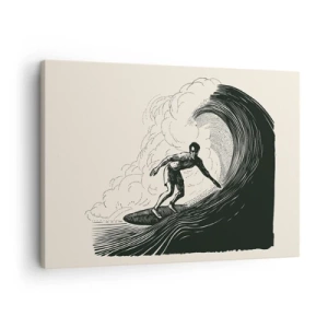 Obraz na plátne - Čiernobiela grafika surfera jazdiaceho na vlne - 70x50cm - Kráľ vĺn - Moderná nástenná dekorácia do obývacej izby a spálne ARTTOR