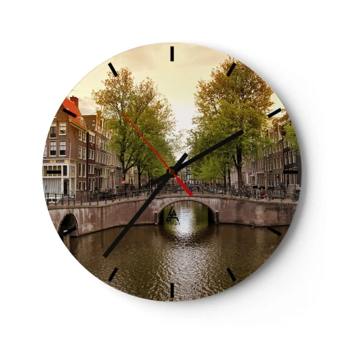 Nástenné hodiny - Kanál s mostom a činžiakovými domami v Amsterdame - 30x30cm - Loďou alebo na bicykli? - Moderná nástenná dekorácia do obývacej izby, kuchyne a spálne ARTTOR