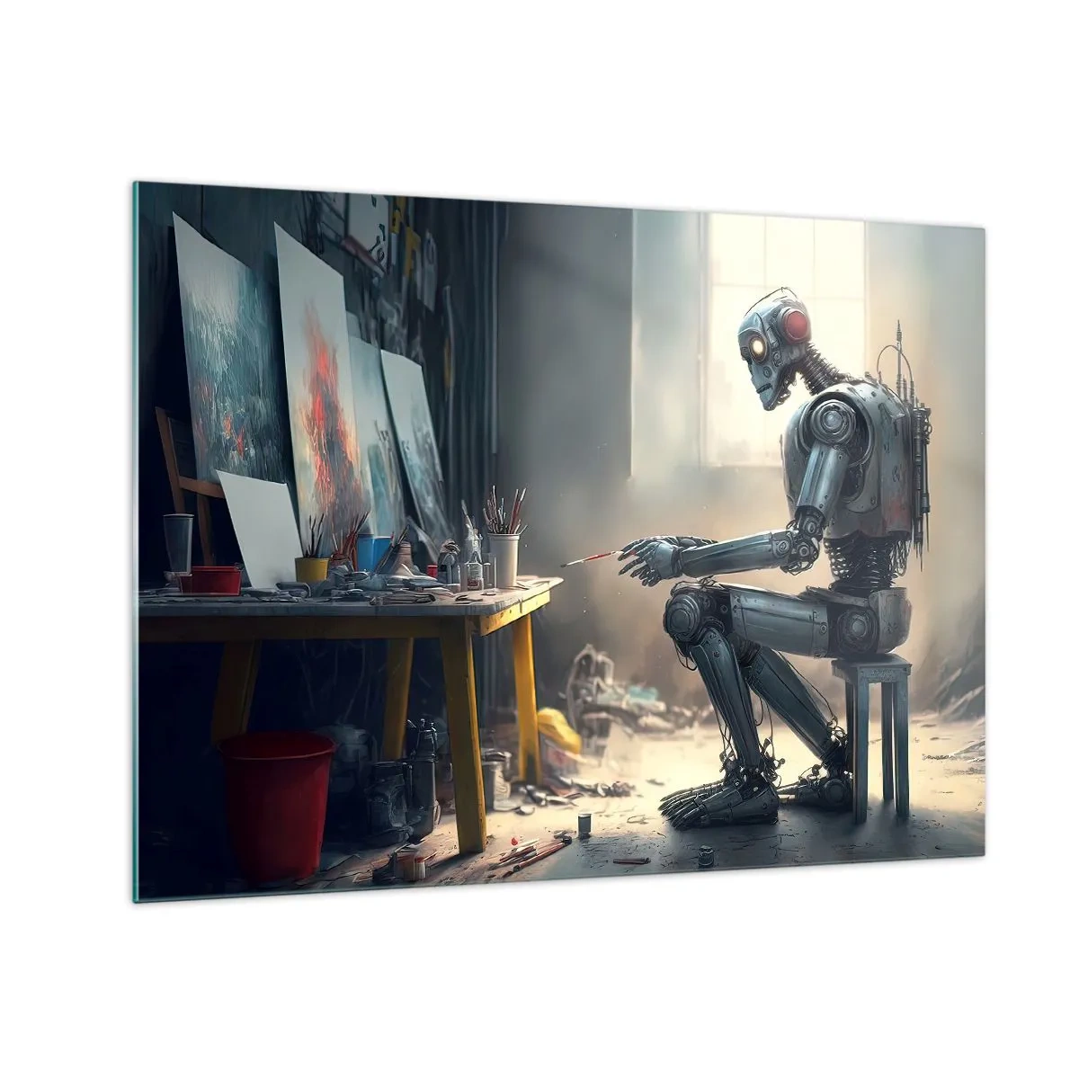 Obraz na skle - Robot maľuje obrazy v umeleckom štúdiu - 70x50cm - Akt stvorenia - Moderná nástenná dekorácia do obývacej izby a spálne ARTTOR