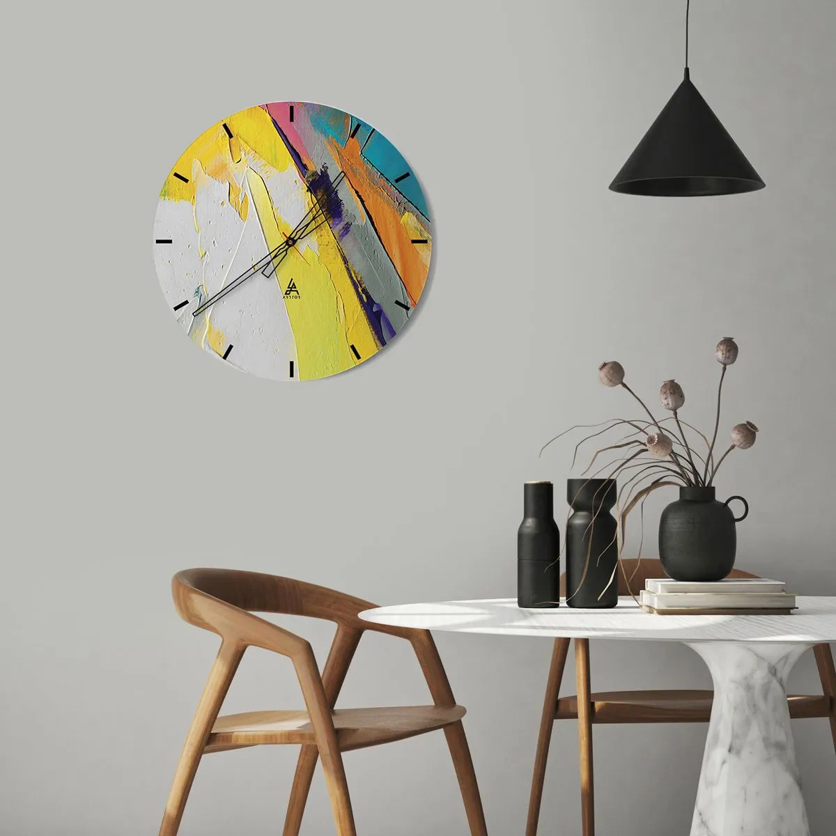 Nástenné hodiny - Farebná abstrakcia s prevahou žltej, bielej a modrej - 30x30cm - Anatómia svetla - Moderná nástenná dekorácia do obývacej izby, kuchyne a spálne ARTTOR