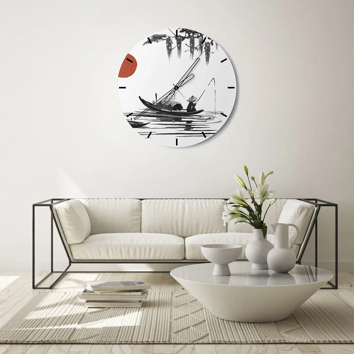 Nástenné hodiny - Tradičná ilustrácia rybára v člne proti červenému slnku - 30x30cm - Ázijské popoludnie - Moderná nástenná dekorácia do obývacej izby, kuchyne a spálne ARTTOR