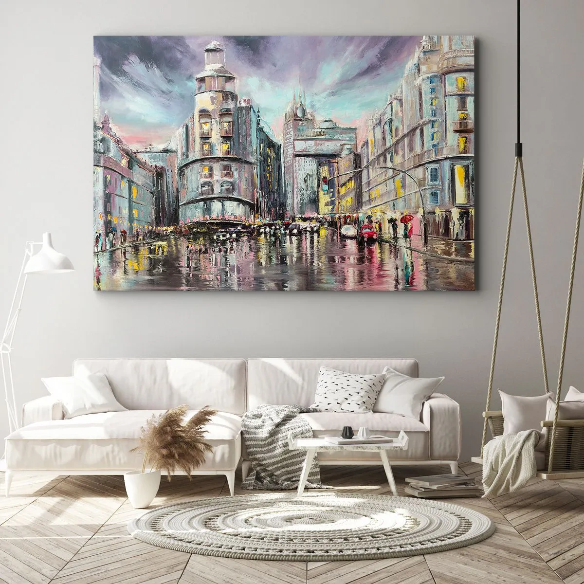 Obraz na plátne - Večerný pohľad na mesto s odrazmi na mokrej ulici - 70x50cm - To bude vydarený večer - Moderná nástenná dekorácia do obývacej izby a spálne ARTTOR