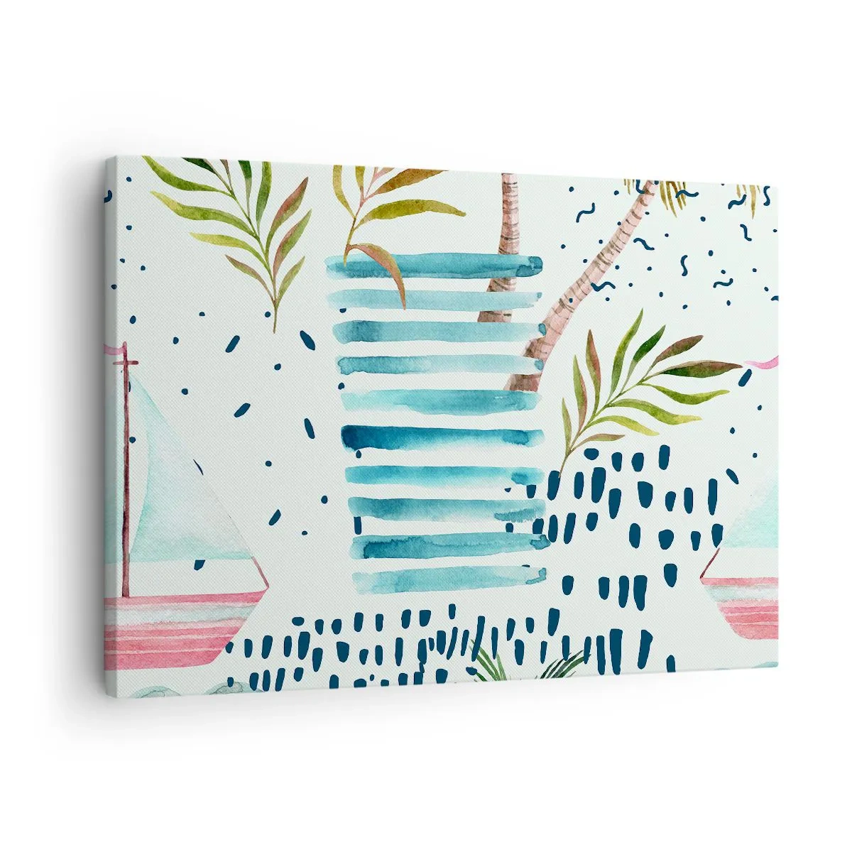 Obraz na plátne - Abstraktný vzor s palmami a námorníckymi akcentmi - 70x50cm - Prázdniny pod palmami - Moderná nástenná dekorácia do obývacej izby a spálne ARTTOR