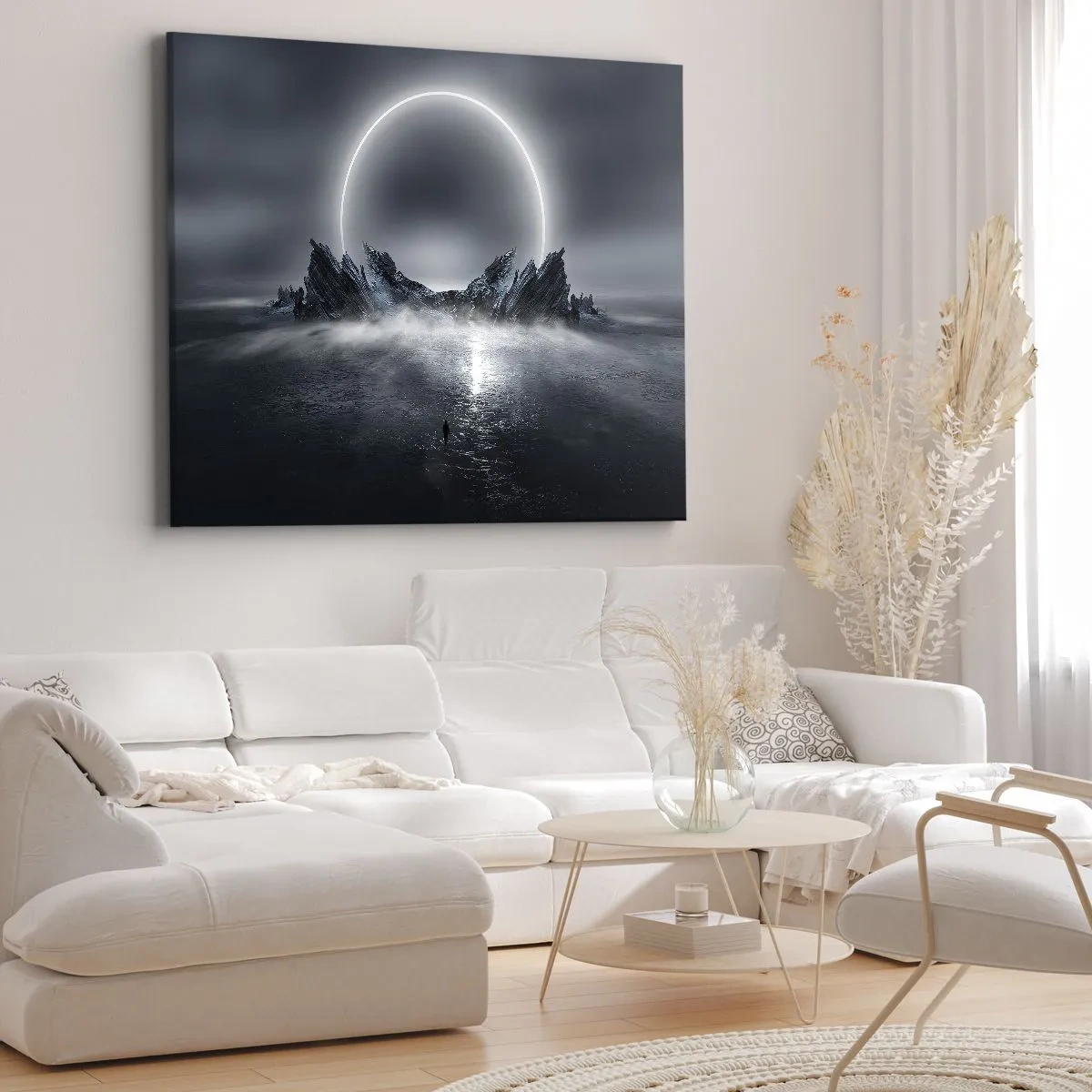 Obraz na plátne - Tajomná krajina s kruhom svetla nad horami - 70x50cm - Finále príbehu - Moderná nástenná dekorácia do obývacej izby a spálne ARTTOR