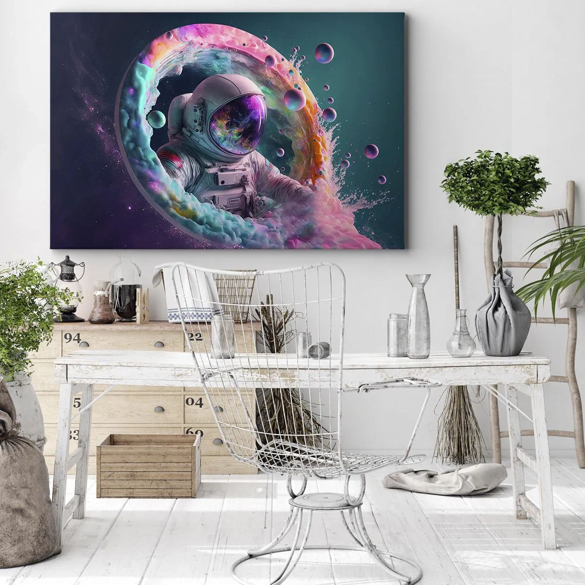 Obraz na plátne - Astronaut v farebnej kozmickej aure - 70x50cm - Hviezdna brána - Moderná nástenná dekorácia do obývacej izby a spálne ARTTOR