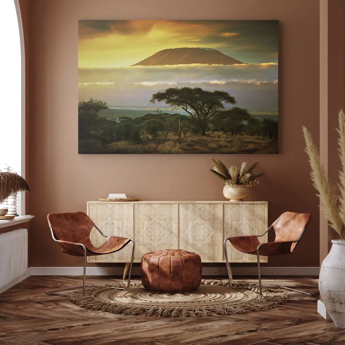 Obraz na plátne - Africká krajina s Kilimandžárom pri východe slnka - 70x50cm - Sen cestovateľa - Moderná nástenná dekorácia do obývacej izby a spálne ARTTOR