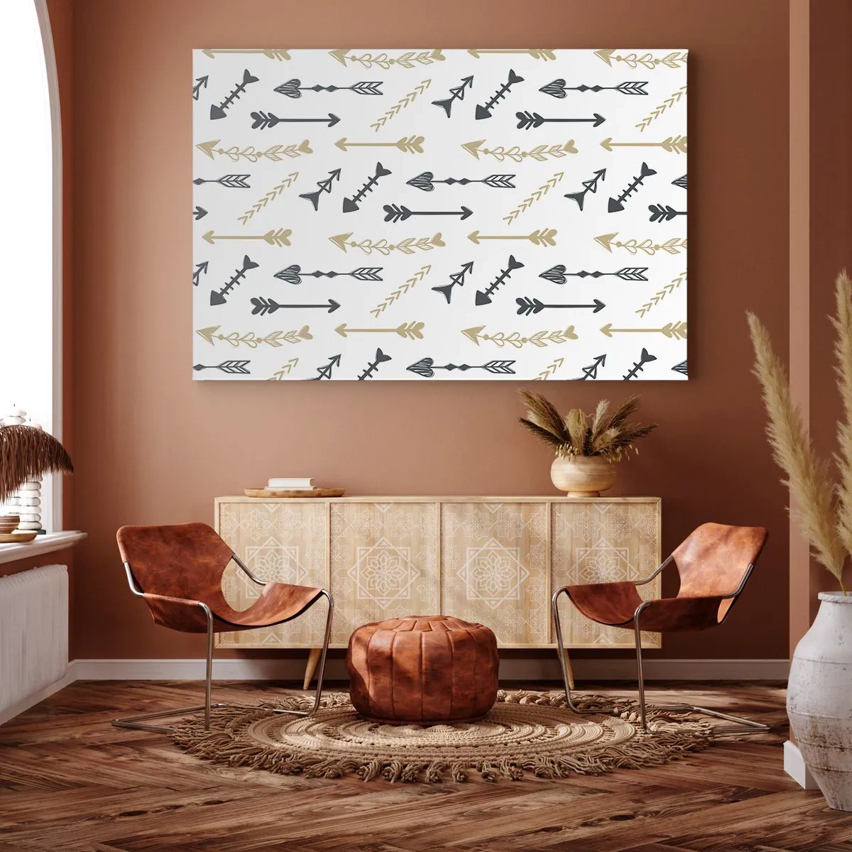 Obraz na plátne - Minimalistický vzor so šípkami v béžovej a sivej farbe. - 70x50cm - Sen lukostrelca - Moderná nástenná dekorácia do obývacej izby a spálne ARTTOR