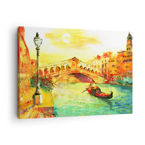 Obraz na plátne - Malebný most cez kanál s gondolou vo svetle zapadajúceho slnka - 70x50cm - Púť zamilovaných - Moderná nástenná dekorácia do obývacej izby a spálne ARTTOR