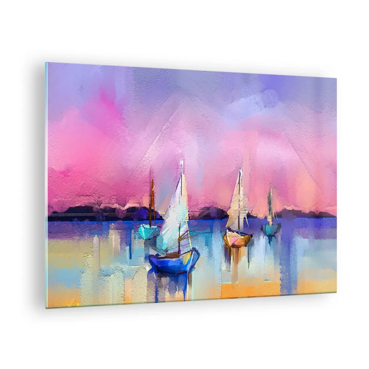 Obraz na skle - Abstraktný prístav s plachetnicami pri západe slnka - 70x50cm - Smer: široká voda - Moderná nástenná dekorácia do obývacej izby a spálne ARTTOR