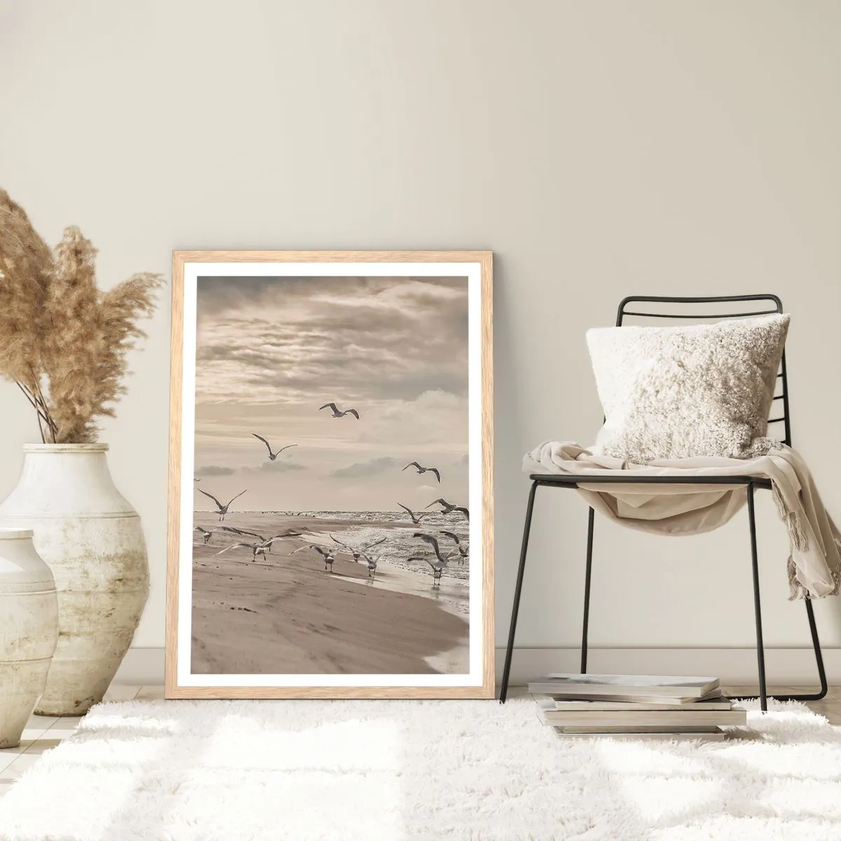 Plagát v ráme zo svetlého duba - Šumenie mora, spev vtákov - 40x50 cm