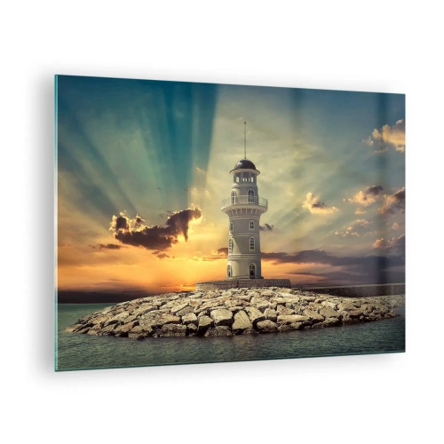 Obraz na skle - Maják na pozadí zapadajúceho slnka - 70x50cm - Svetlo - Dobro - Krása - Moderná nástenná dekorácia do obývacej izby a spálne ARTTOR