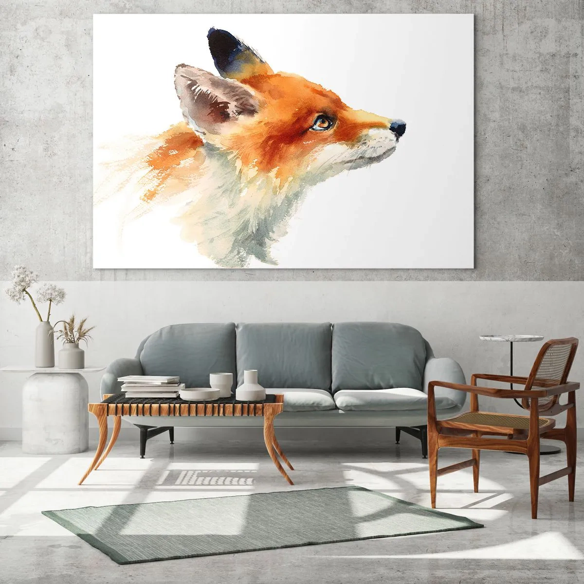 Obraz na skle - Akvarelová ilustrácia líšky pozerajúcej sa do diaľky - 70x50cm - Opatrnosti nie je nikdy dosť - Moderná nástenná dekorácia do obývacej izby a spálne ARTTOR