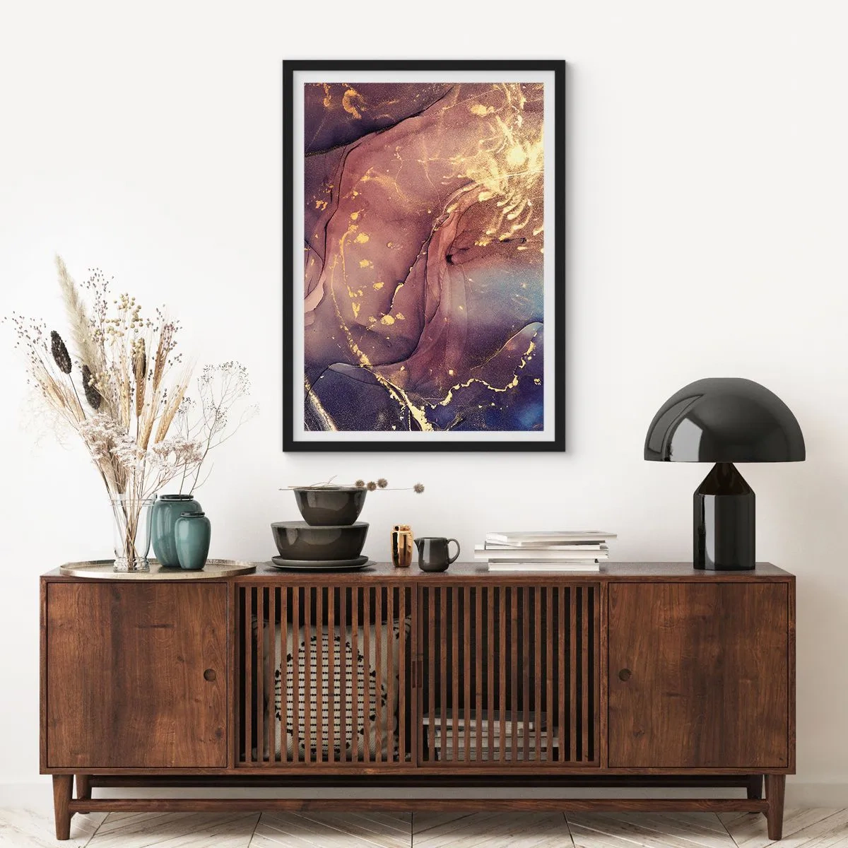 Plagát v čiernom ráme - Abstraktná kompozícia s odtieňmi zlatej a hnedej v umeleckom štýle. - 50x70cm - Hmota a duch - Moderná nástenná dekorácia do obývacej izby a spálne ARTTOR