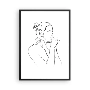 Plagát v čiernom ráme - Minimalistická línia ženskej siluety na bielom pozadí - 50x70cm - Akt: zmyselné tajomstvo - Moderná nástenná dekorácia do obývacej izby a spálne ARTTOR