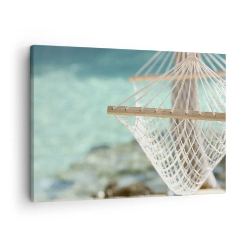 Obraz na plátne - Hojdacia sieť s výhľadom na tyrkysovú vodu - 70x50cm - Čas relaxácie - Moderná nástenná dekorácia do obývacej izby a spálne ARTTOR