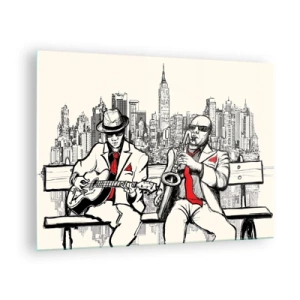 Obraz na skle - Dvaja džezoví hudobníci hrajúci na pozadí panorámy mesta - 70x50cm - Newyorská improvizácia - Moderná nástenná dekorácia do obývacej izby a spálne ARTTOR
