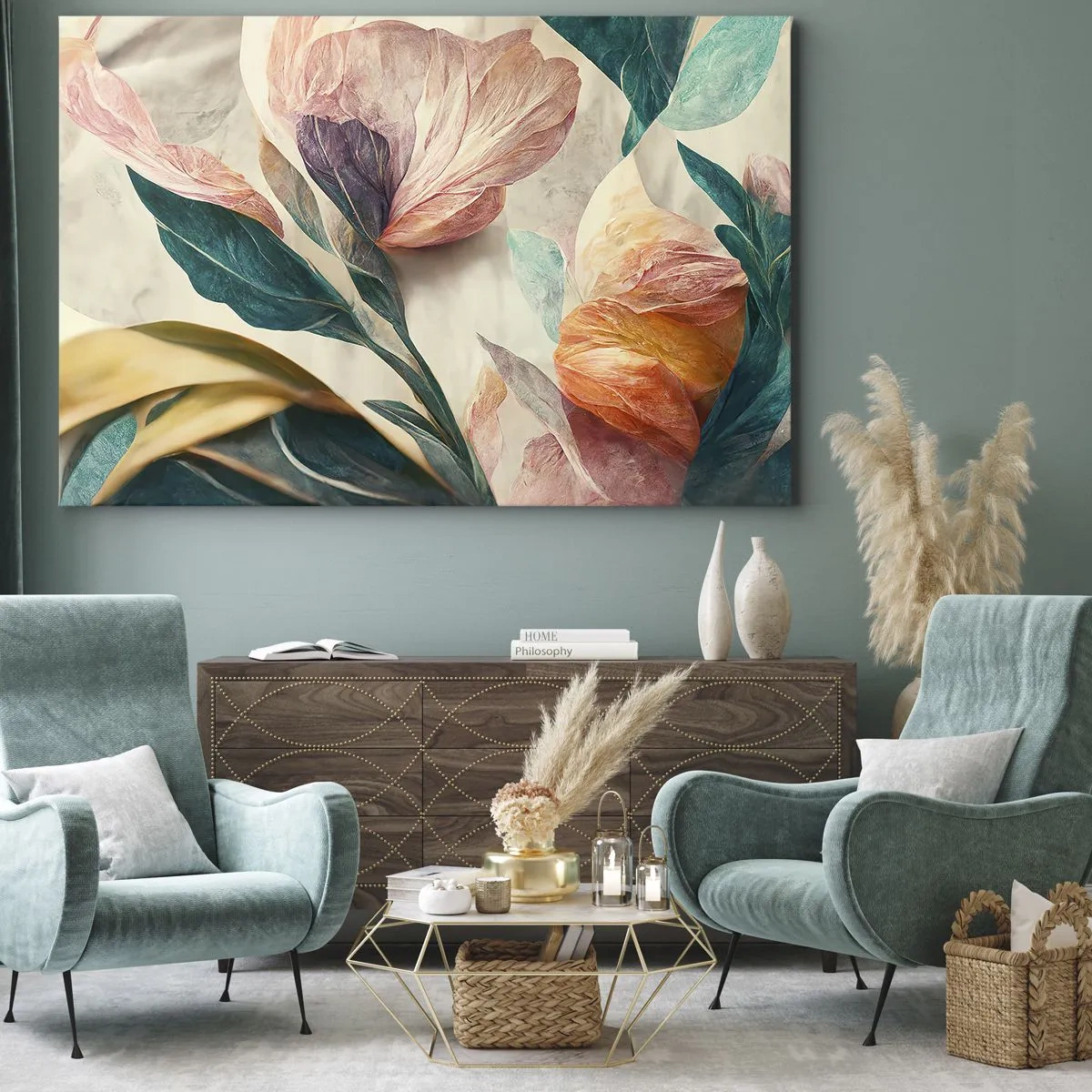 Obraz na plátne - Farebné kvety v tropickom štýle na svetlom pozadí - 70x50cm - Kvety južných ostrovov - Moderná nástenná dekorácia do obývacej izby a spálne ARTTOR