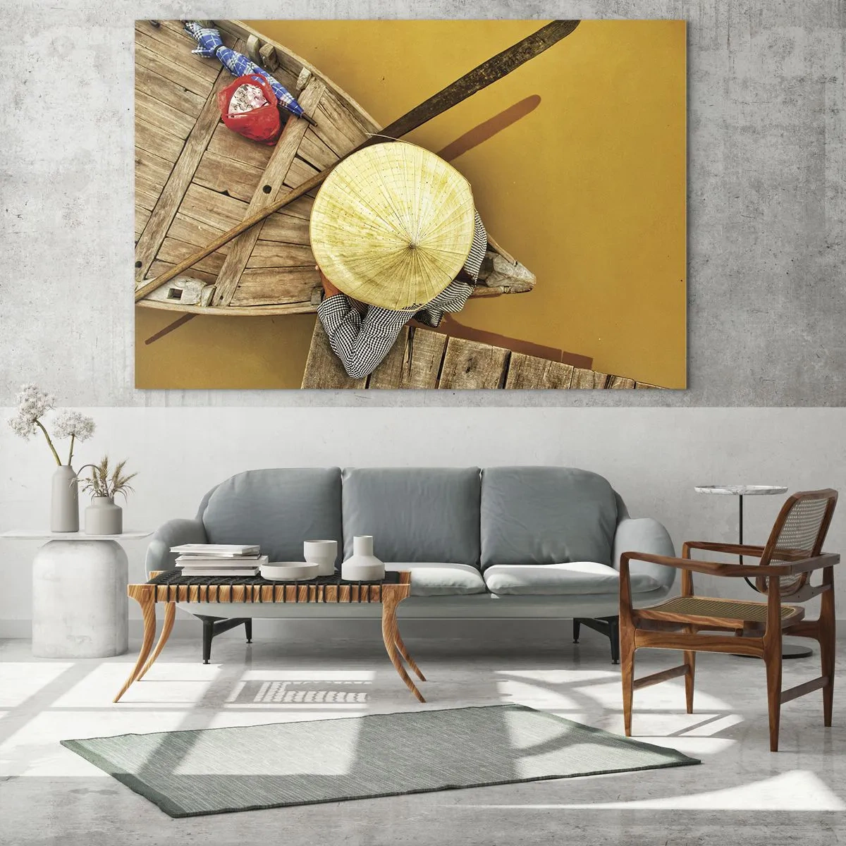 Obraz na skle - Pohľad zhora na loď a osobu s kužeľovitým klobúkom - 70x50cm - Život na žltej rieke - Moderná nástenná dekorácia do obývacej izby a spálne ARTTOR