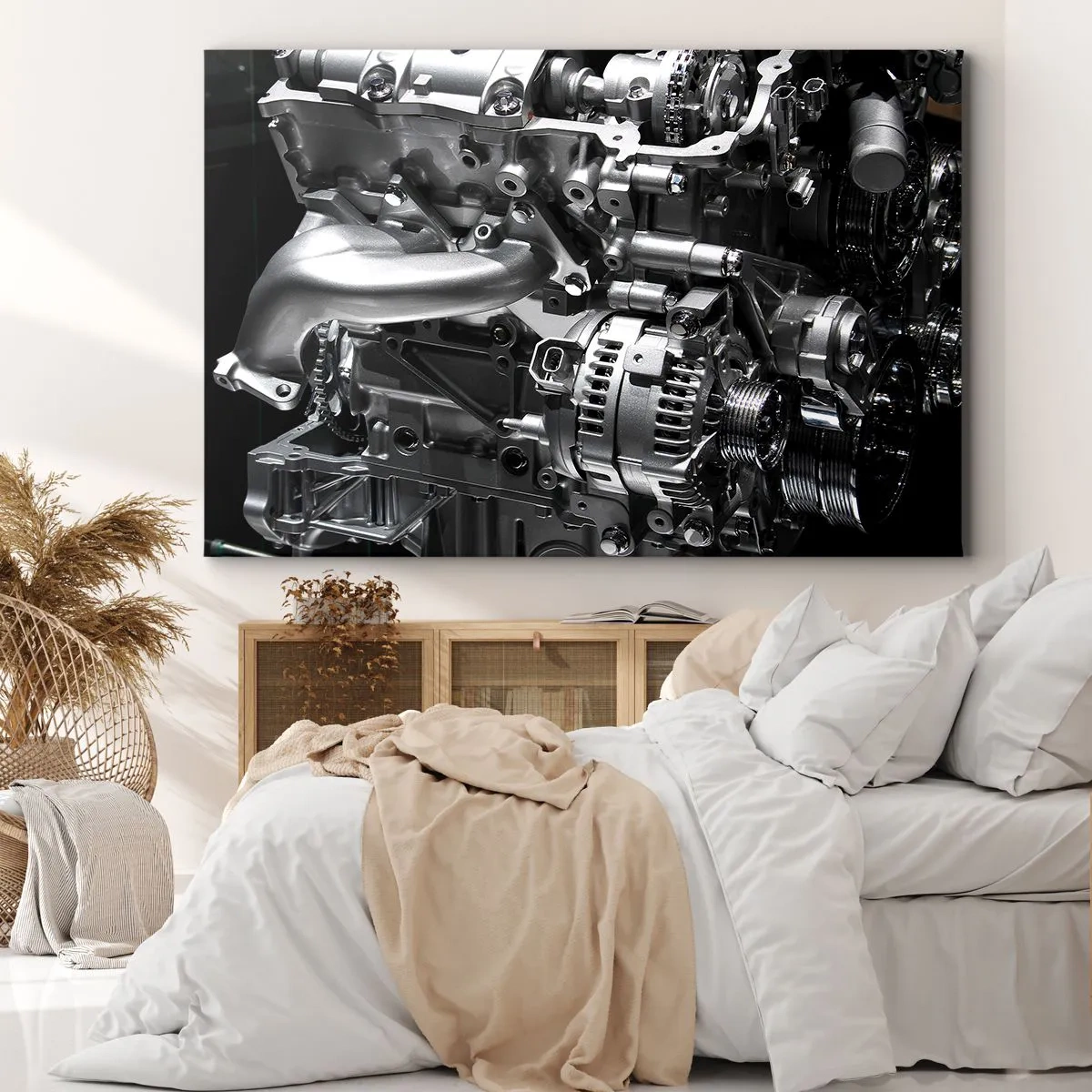 Obraz na plátne - Detailný záber kovových častí motora na čiernom pozadí - 70x50cm - Kovový, krásny, silný - Moderná nástenná dekorácia do obývacej izby a spálne ARTTOR