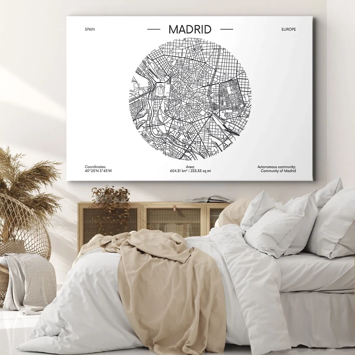 Obraz na plátne - Mapa Madridu v minimalistickom čiernobielom štýle - 70x50cm - Anatómia Madridu - Moderná nástenná dekorácia do obývacej izby a spálne ARTTOR