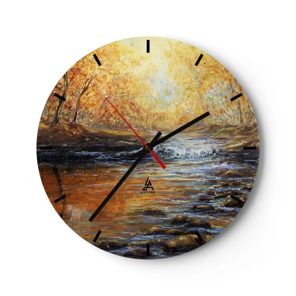 Nástenné hodiny - Jesenná krajina s riekou obklopenou zlatými stromami - 30x30cm - Zlatý potok - Moderná nástenná dekorácia do obývacej izby, kuchyne a spálne ARTTOR