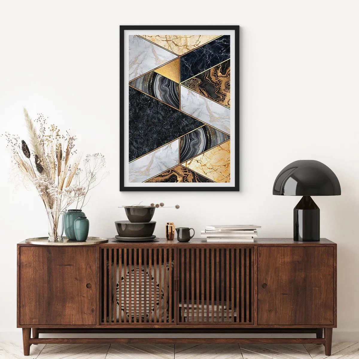 Plagát v čiernom ráme - Mramorová geometria v odtieňoch zlatej, čiernej a bielej - 50x70cm - Kameň vedľa kameňa - Moderná nástenná dekorácia do obývacej izby a spálne ARTTOR