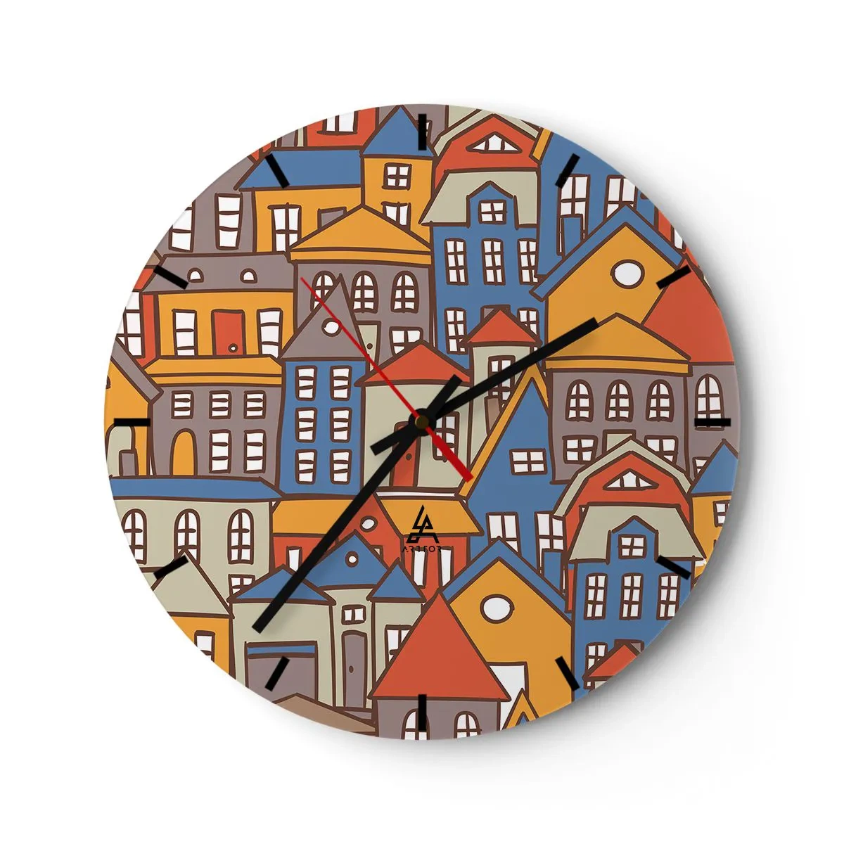 Nástenné hodiny - Farebné budovy v grafickom štýle - 30x30cm - Za domom dom - Moderná nástenná dekorácia do obývacej izby, kuchyne a spálne ARTTOR