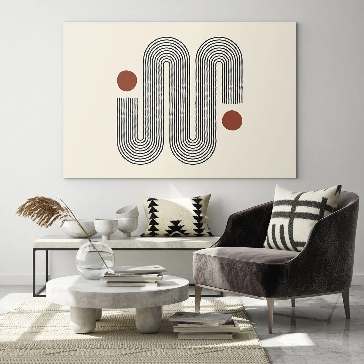 Obraz na skle - Minimalistický čiarový vzor s červenými bodkami - 70x50cm - Od začiatku do konca - Moderná nástenná dekorácia do obývacej izby a spálne ARTTOR