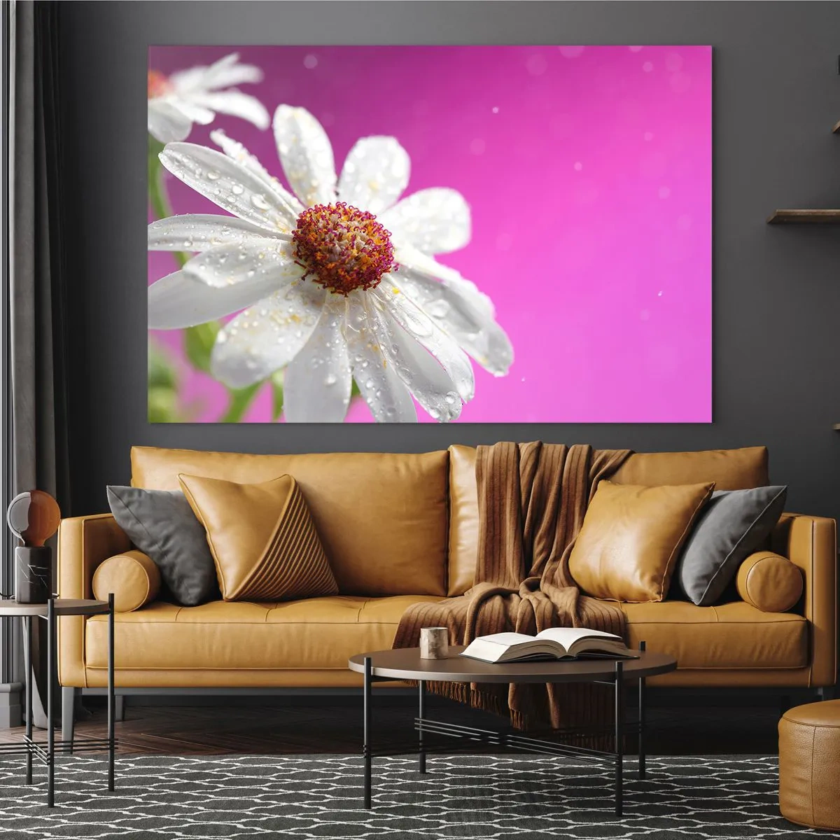 Obraz na skle - Makrofotografia bieleho kvetu s kvapkami rosy na ružovom pozadí - 70x50cm - Skromný vo svojej kráse - Moderná nástenná dekorácia do obývacej izby a spálne ARTTOR