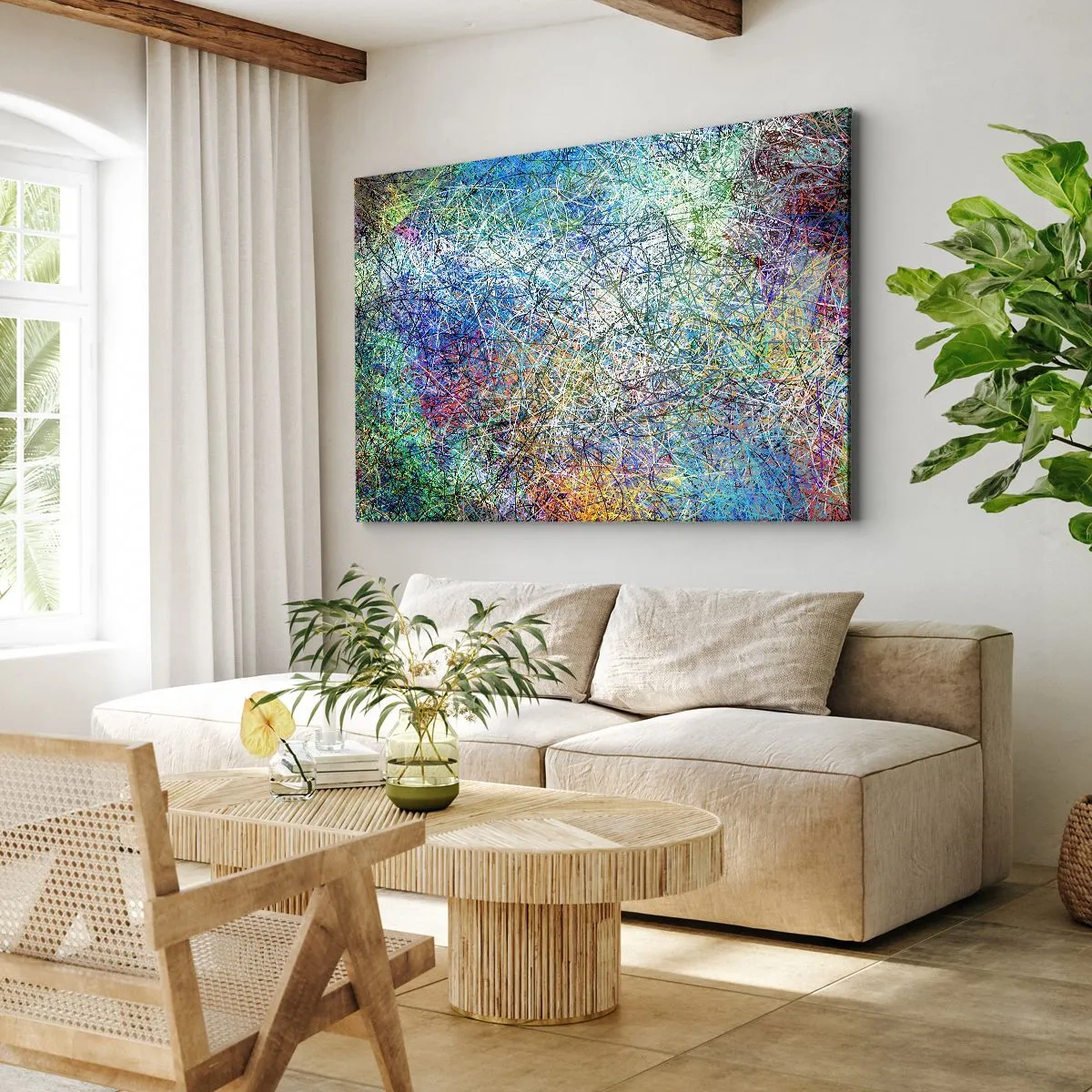 Obraz na plátne - Abstraktná kompozícia s viacfarebnými čiarami a textúrami - 70x50cm - To nie je tak jednoduché - Moderná nástenná dekorácia do obývacej izby a spálne ARTTOR